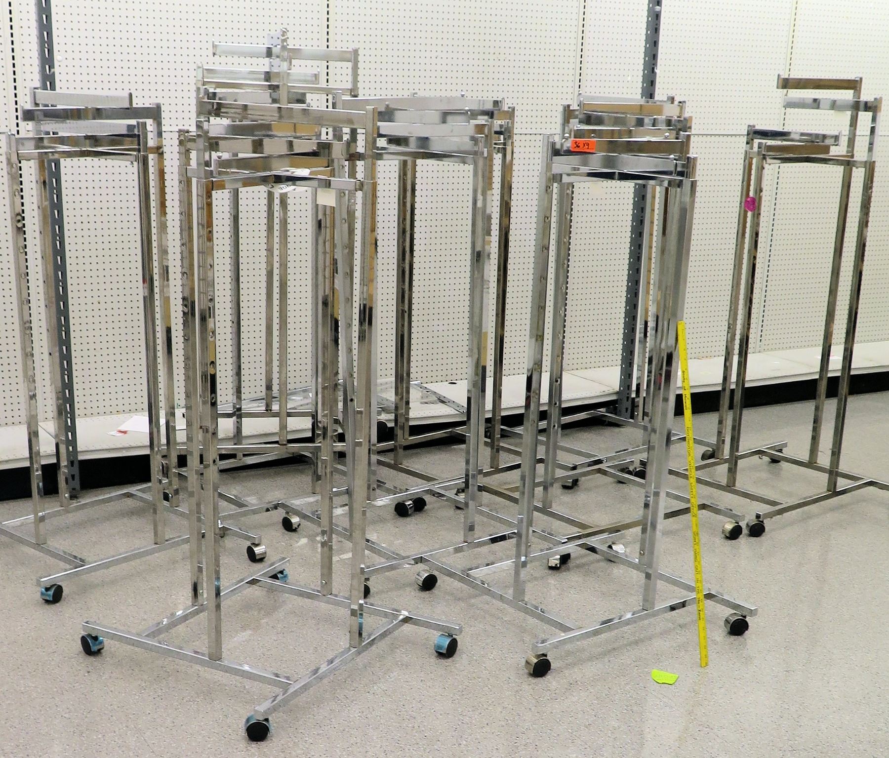 Qty 9 Adjustable Chrome Rolling Clothing Racks on Wheels, all approx. 55