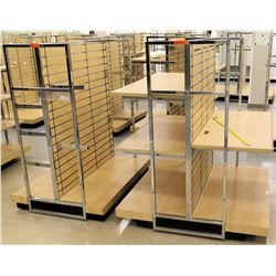 Qty 2 Slatwall Panel Wood & Chrome Adjustable Display Shelf Racks 50.5"L x 51"D x 62.5"H; 50.5"L x 3