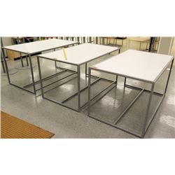 Qty 3 White & Metal Rectangle Display Tables 60"L x 36"W x 34"H