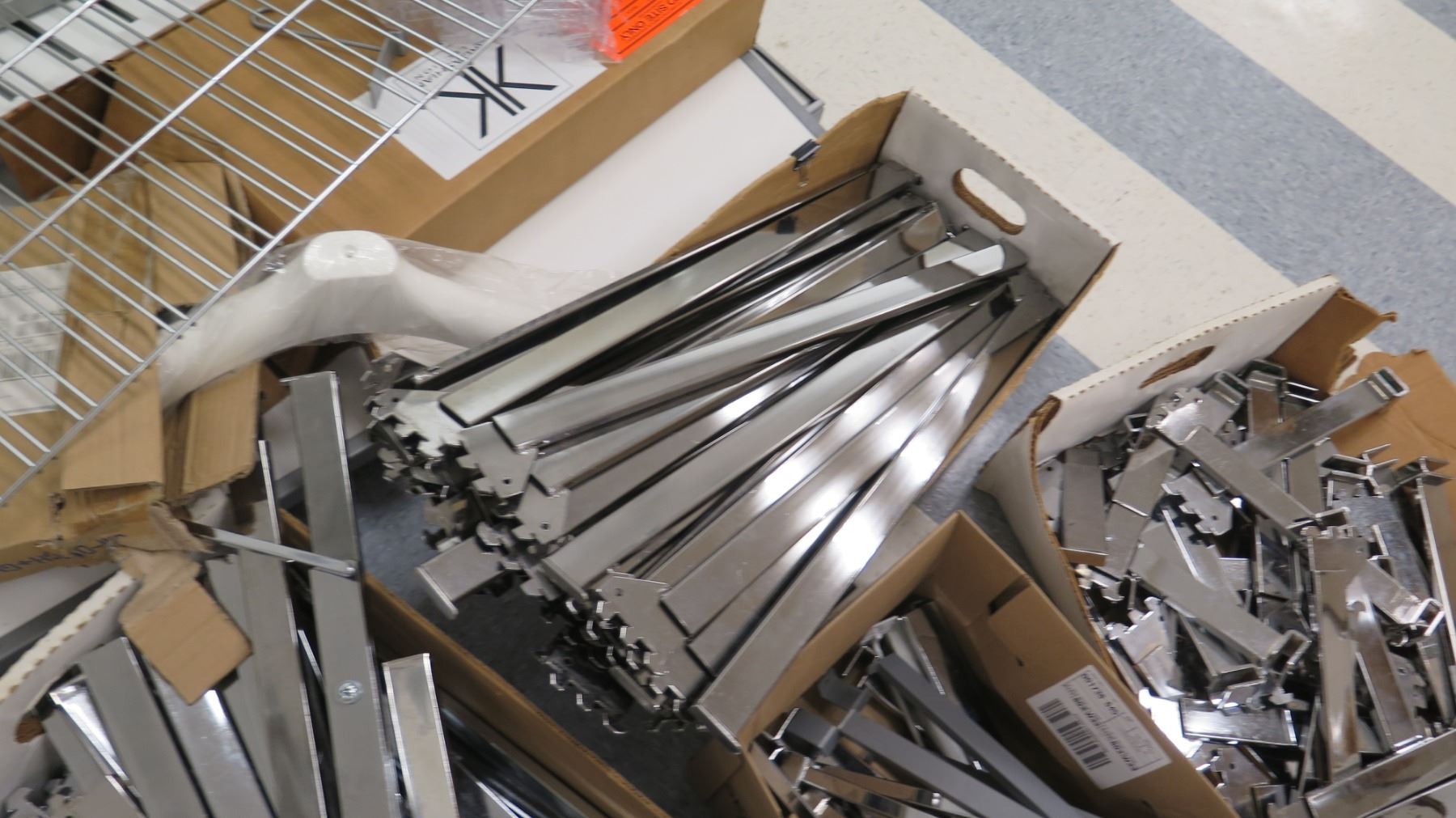 Multiple Boxes Metal & Plastic Rack Parts, Rails, Slatwall Sections