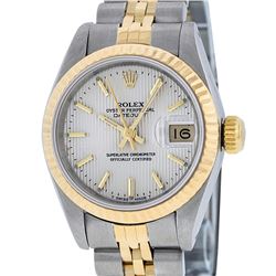 Rolex Ladies 2 Tone 14K Silver Index Tapestry Fluted Datejust Wristwatch