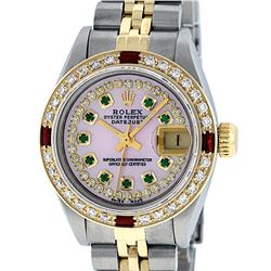 Rolex Ladies 2 Tone 14K Pink MOP Emerald & Ruby Datejust Wriswatch