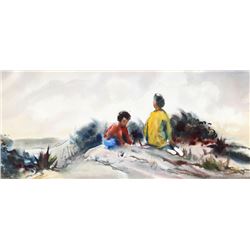 Eve Nethercott, Children Playing at the Beach, Watercolor Painting