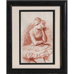 Raphael Soyer, Pensive Dancer, Sepia Ink Drawing