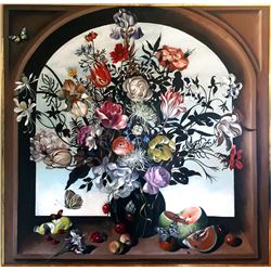 J. Owens, Still Life with Flowers and Melon, Oil Painting