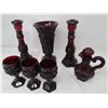 Image 1 : LOT OF UNIQUE TABLEWARE ( WINE RED) *3 GOBLETS, 1 SMALL DECANTER, 2 CANDLE HOLDERS, 1 VASE*
