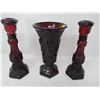Image 3 : LOT OF UNIQUE TABLEWARE ( WINE RED) *3 GOBLETS, 1 SMALL DECANTER, 2 CANDLE HOLDERS, 1 VASE*
