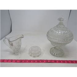 LOT OF 3 CRYSTAL PIECES (CANDY DISH WITH LID) *RING HOLDER WITH LID* (CREAM PITCHER)