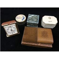 LOT OF VINTAGE POWDER BOXES, TILLEY LEATHER CLUTCH PURSE AND ALARM CLOCK