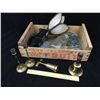 Image 1 : FRUIT BOX MISC LOT (POLAROID, FIXTURE, JARS, BRASS BELL ETC…)