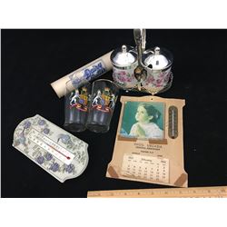 MISC LOT (ROYALTY GLASSES, CALENDAR, THERMOMETER, WEDGEWOOD SERVING SET)