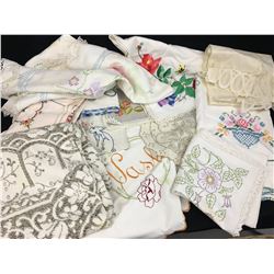 LOT OF MISC LINENS, TABLES CLOTHES (EMBROIDERY ETC... SOME STAINS)