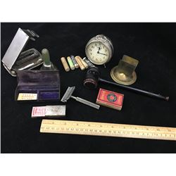 MISC LOT (CLOCK, GAVEL, SAFETY RAZOR MATCHBOX HOLDER, POCKET STOVE)