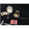 Image 2 : MISC LOT (CLOCK, GAVEL, SAFETY RAZOR MATCHBOX HOLDER, POCKET STOVE)
