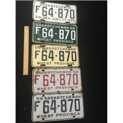 SASKATCHEWAN LICENCE PLATE SETS (UNIQUE LOT OF 5 SAME LICENCE NUMBER) *DIFFERENT YEARS* (1955-56-57-