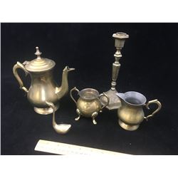 MISC VINTAGE BRASS LOT (TEAPOT, DUCK, CANDLE STICK)