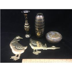 MISC VINTAGE BRASS LOT (VASES, DISH, GEESE)