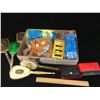 Image 1 : MISC LOT (VANITY MIRROR AND BRUSHES, POKER CHIPS, RETRO LAWN CHAIR WEBBING)