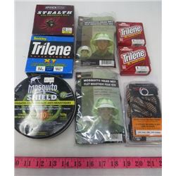 LOT OF MISC HUNTING ITEMS (2 X MOSQUITO HEAD NET) *2 X BERKLEY TRILINE* (GUN BORE CLEANER) *SPIDER W