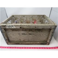 WOODEN CRATE OF ASSORTED GLASS BOTTLES (24) *ROYAL CROWN, DOUBLE COLA, MISSION, ETC…*