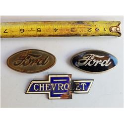 VEHICLE EMBLEMS (2 X FORD OVAL AND 1 CHEV RADIATOR) *2 ARE PORCELAIN*