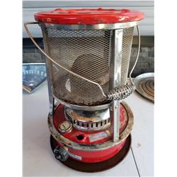 KEROSENE HEATER (RED PORCELAIN AND CHROME) *18" TALL* (LOOKS USEABLE BUT MISSING CAP FOR FUEL TANK?)