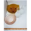 Image 2 : LOT OF 2 COLORED BOWLS (PINK & AMBER, 2 LAMP CHIMNEYS)