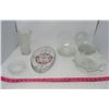 Image 1 : LOT OF 16 PIECES OF MISC GLASSWARE (6 X FROSTED SAUCERS, 6 X ETCHED SAUCERS, VASE, CANDY DISH, ETC)