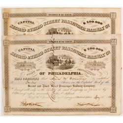 Second & Third Street Passenger Railway Company Stock Certificates   (78776)