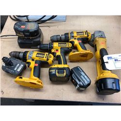 LOT OF DEWALT CORDLESS TOOLS INCLUDES ANGLE GRINDER, 3 DRILLS & A CHARGER