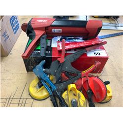 LOT OF ASSORTED TOOLS INCLUDING HILTI CAULKING GUN, 3 RIVET GUNS & 4 PLATE HANDLERS