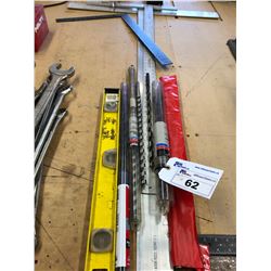 LOT OF LARGE DRILL BITS, STRAIGHT EDGES & SQUARES