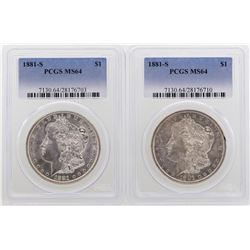 Lot of (2) 1881-S $1 Morgan Silver Dollar Coins PCGS MS64