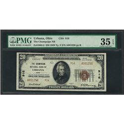 1929 $20 National Currency Note Urbana, Ohio CH# 916 PMG Very Fine 35EPQ