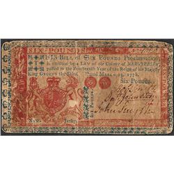 March 25, 1776 Six Pounds Colonial Currency Note