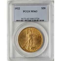 1922 $20 St. Gaudens Double Eagle Gold Coin PCGS MS63