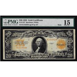 1922 $20 Gold Certificate Note Fr.1187 Mule PMG Choice Fine 15