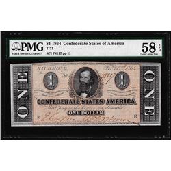 1864 $1 Confederate States of America Note T-71 PMG Choice About Unc. 58EPQ