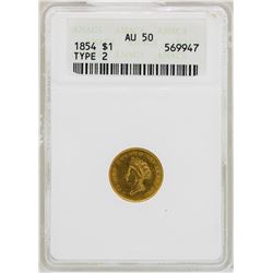 1854 $1 Indian Princess Head Type 2 Gold Dollar Coin ANACS AU50