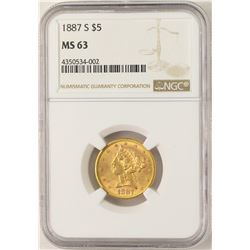 1887-S $5 Liberty Head Half Eagle Gold Coin NGC MS63