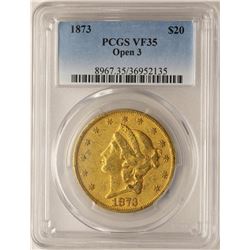 1873 Open 3 $20 Liberty Head Double Eagle Gold Coin PCGS VF35