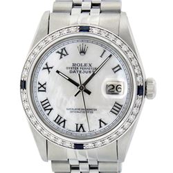 Rolex Mens Stainless Steel MOP 36MM Diamond & Sapphire Datejust Wristwatch