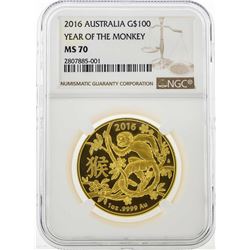 2016 Australia $100 Year of the Monkey Gold Coin NGC MS70