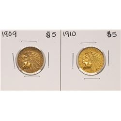 Lot of 1909-1910 $5 Indian Head Half Eagle Gold Coins