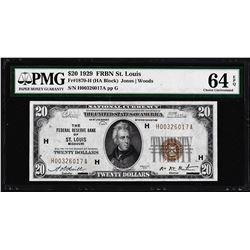 1929 $20 Federal Reserve Note St. Louis Fr.1870-H PMG Choice Uncirculated 64EPQ