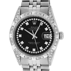 Rolex Mens Stainless Steel Black Diamond Lugs & Pyramid Bezel Datejust Wristwatc