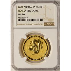 2001 Australia $100 Year of the Snake Gold Coin NGC MS70