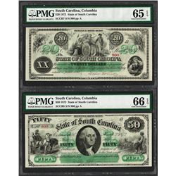 Matching Low Serial 1872 $20 & $50 South Carolina Obsolete Notes PMG Gem Unc. 65