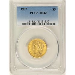 1907 $5 Liberty Head Half Eagle Gold Coin PCGS MS63