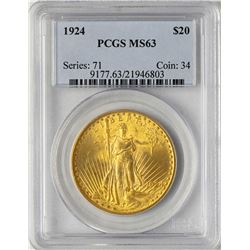 1924 $20 St. Gaudens Double Eagle Gold Coin PCGS MS63